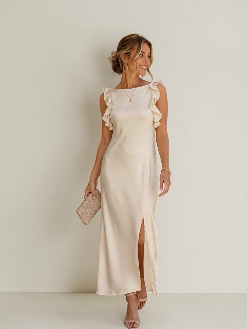 a.n.a Cream Satin Ruffle-Shoulder Maxi Dress with Side Slit